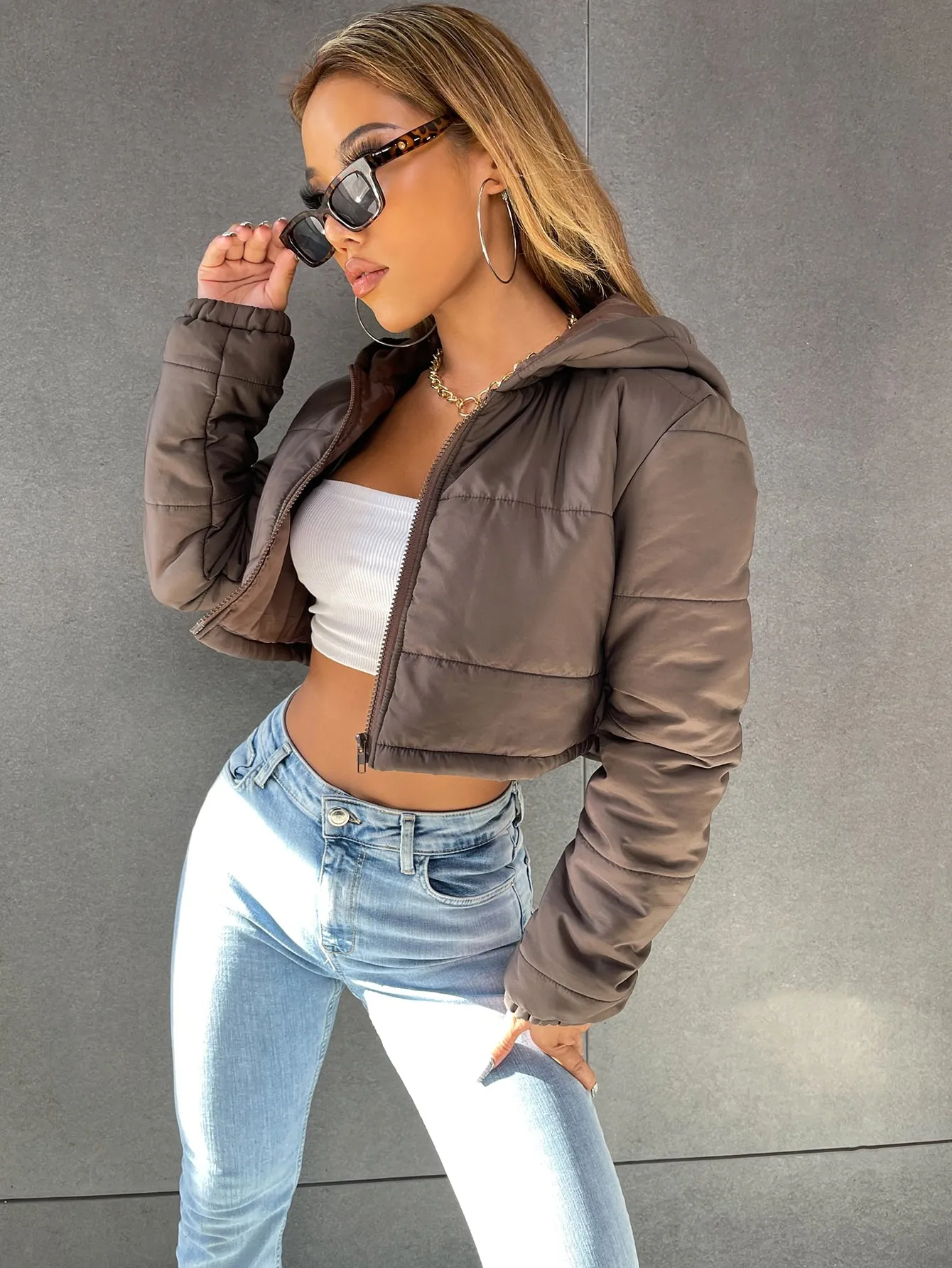 Casual Plain Zipper Long Sleeve Hooded Crop Women Winter Coat