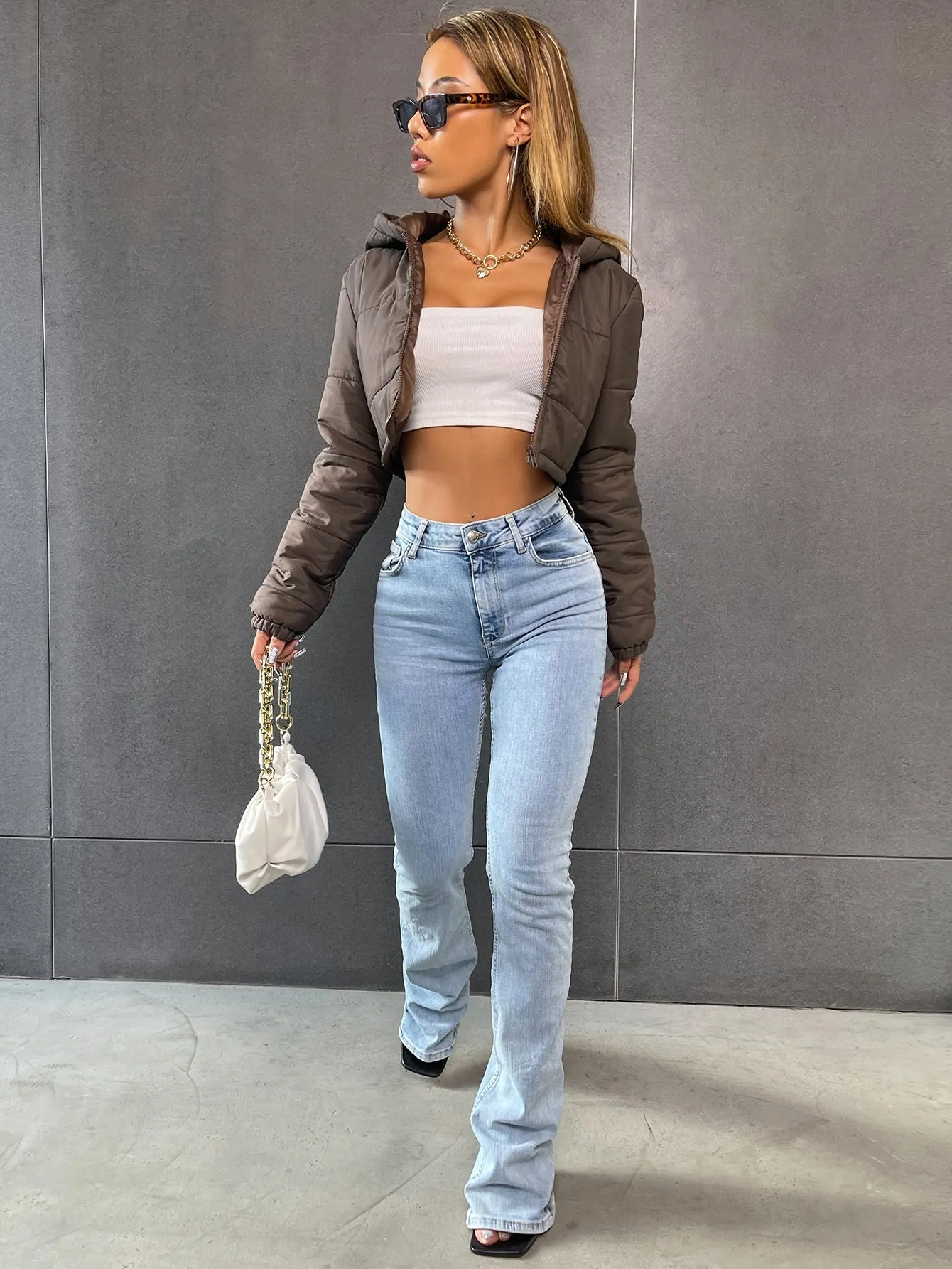 Casual Plain Zipper Long Sleeve Hooded Crop Women Winter Coat