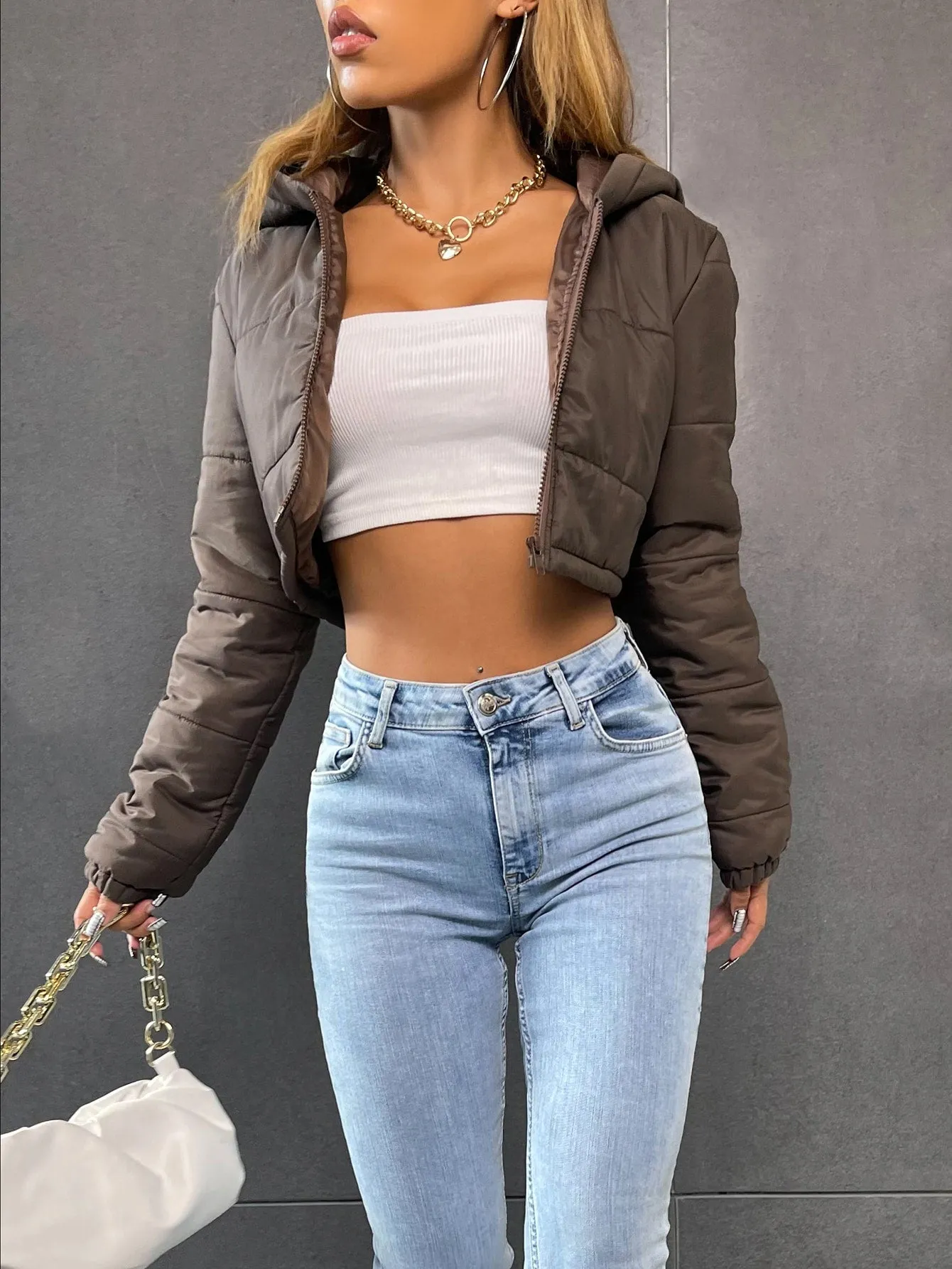 Casual Plain Zipper Long Sleeve Hooded Crop Women Winter Coat