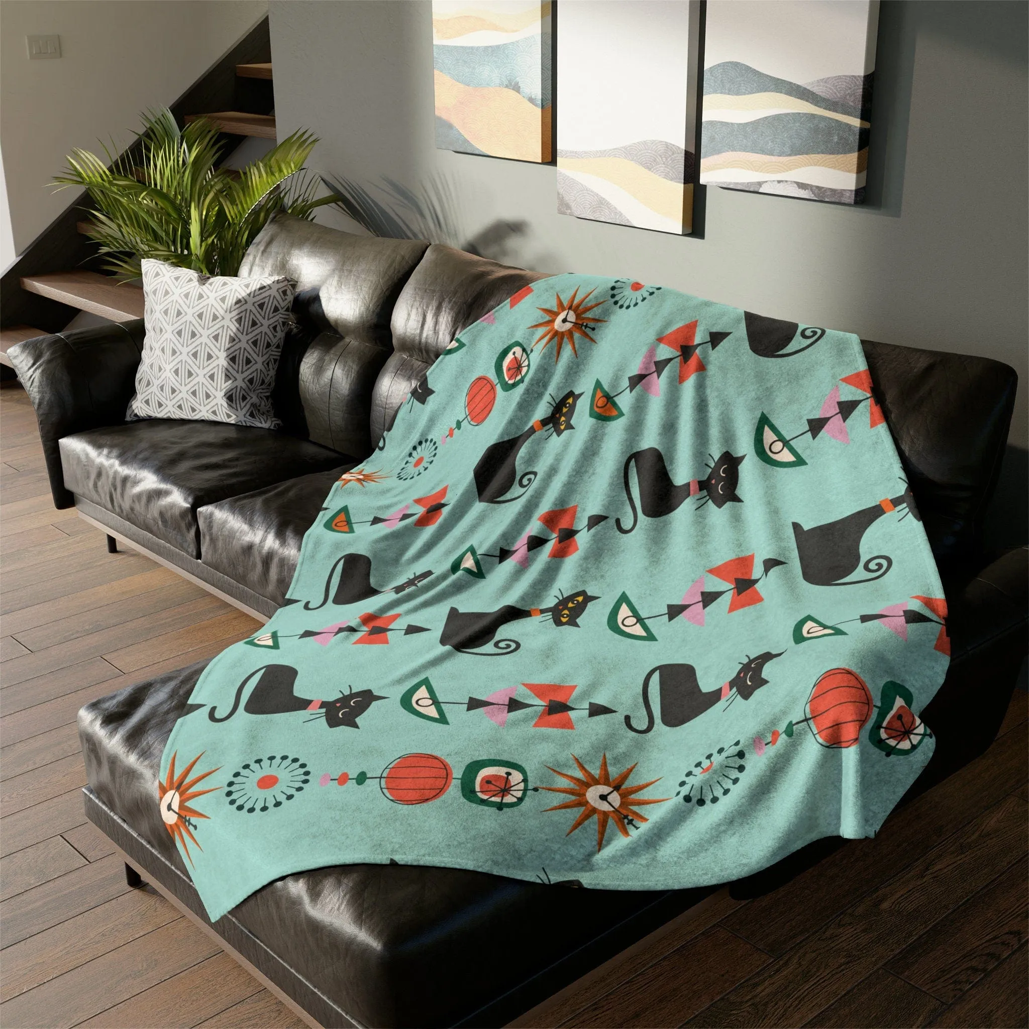 Retro Atomic Black Cat Geometric Aqua Blue Mid Century Modern Sherpa Fleece Throw Blanket