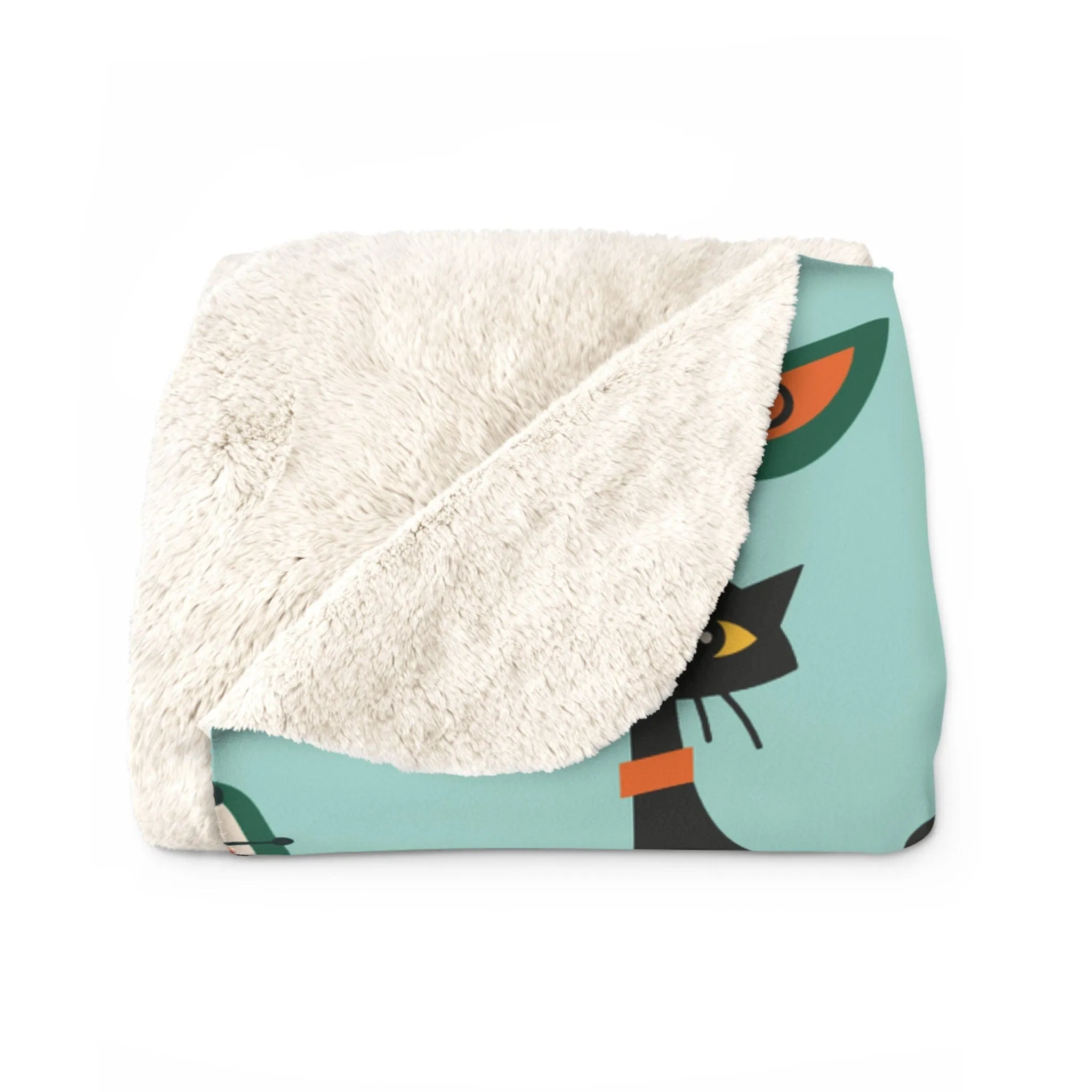 Retro Atomic Black Cat Geometric Aqua Blue Mid Century Modern Sherpa Fleece Throw Blanket