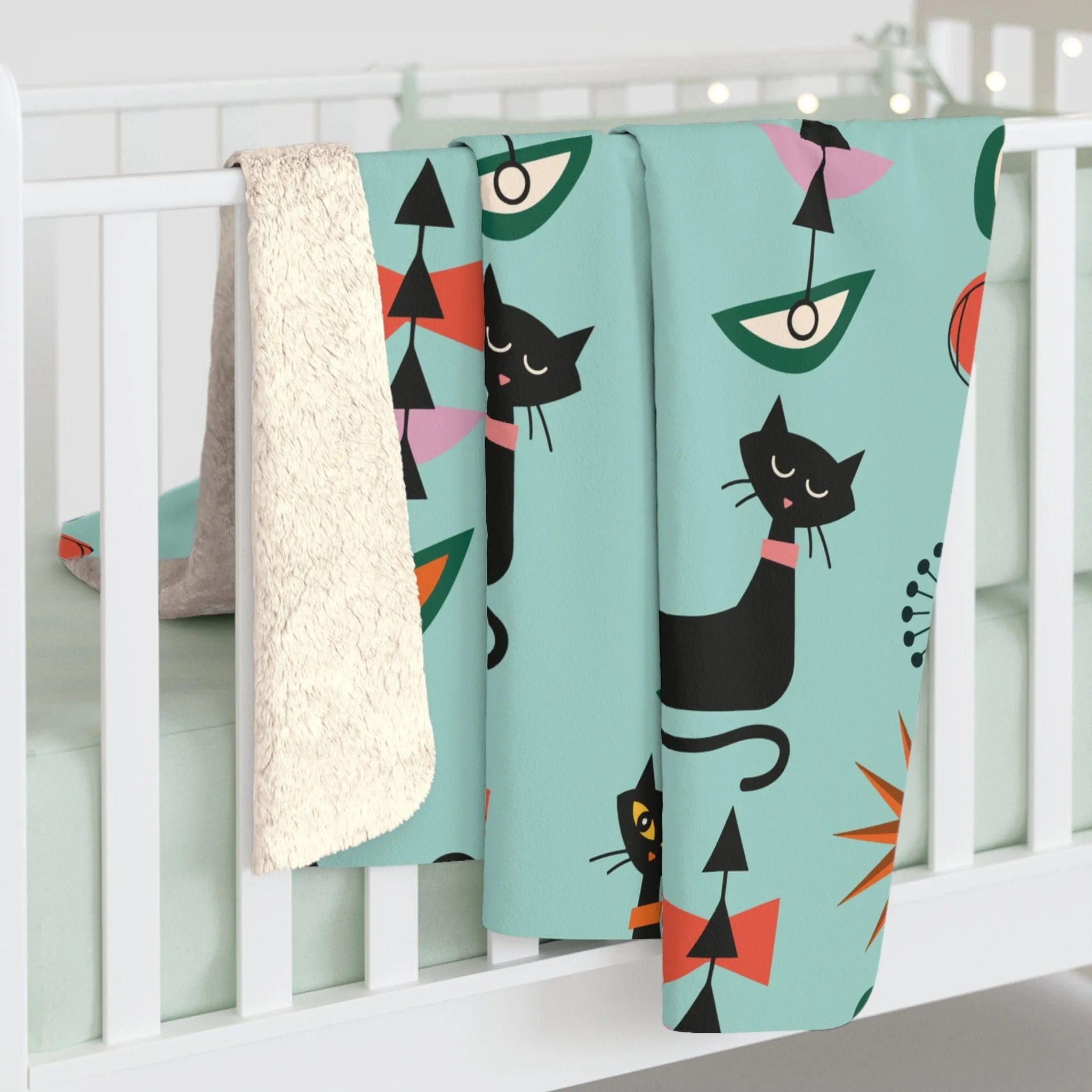 Retro Atomic Black Cat Geometric Aqua Blue Mid Century Modern Sherpa Fleece Throw Blanket