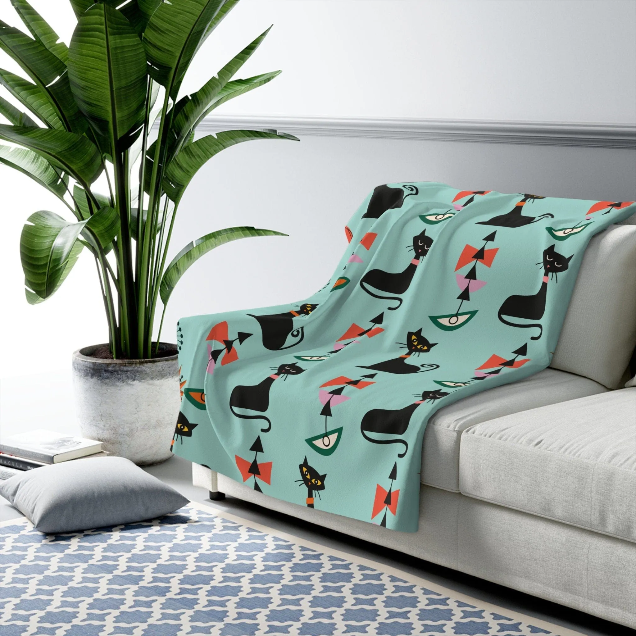 Retro Atomic Black Cat Geometric Aqua Blue Mid Century Modern Sherpa Fleece Throw Blanket