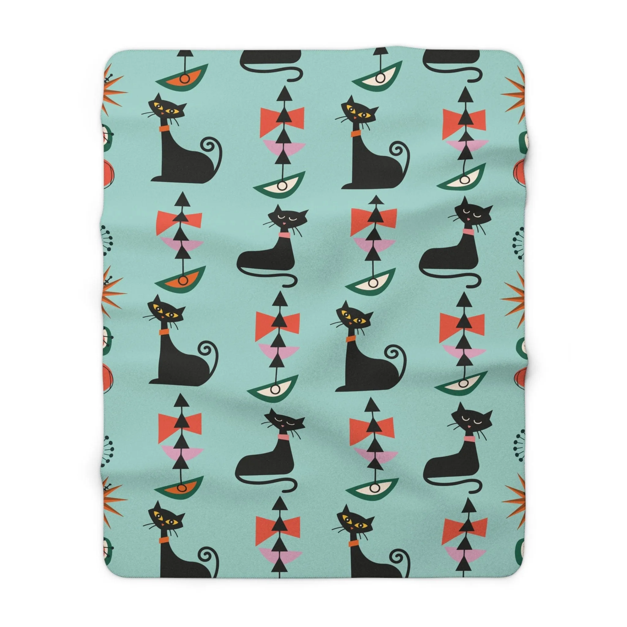 Retro Atomic Black Cat Geometric Aqua Blue Mid Century Modern Sherpa Fleece Throw Blanket