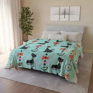 Retro Atomic Black Cat Geometric Aqua Blue Mid Century Modern Sherpa Fleece Throw Blanket