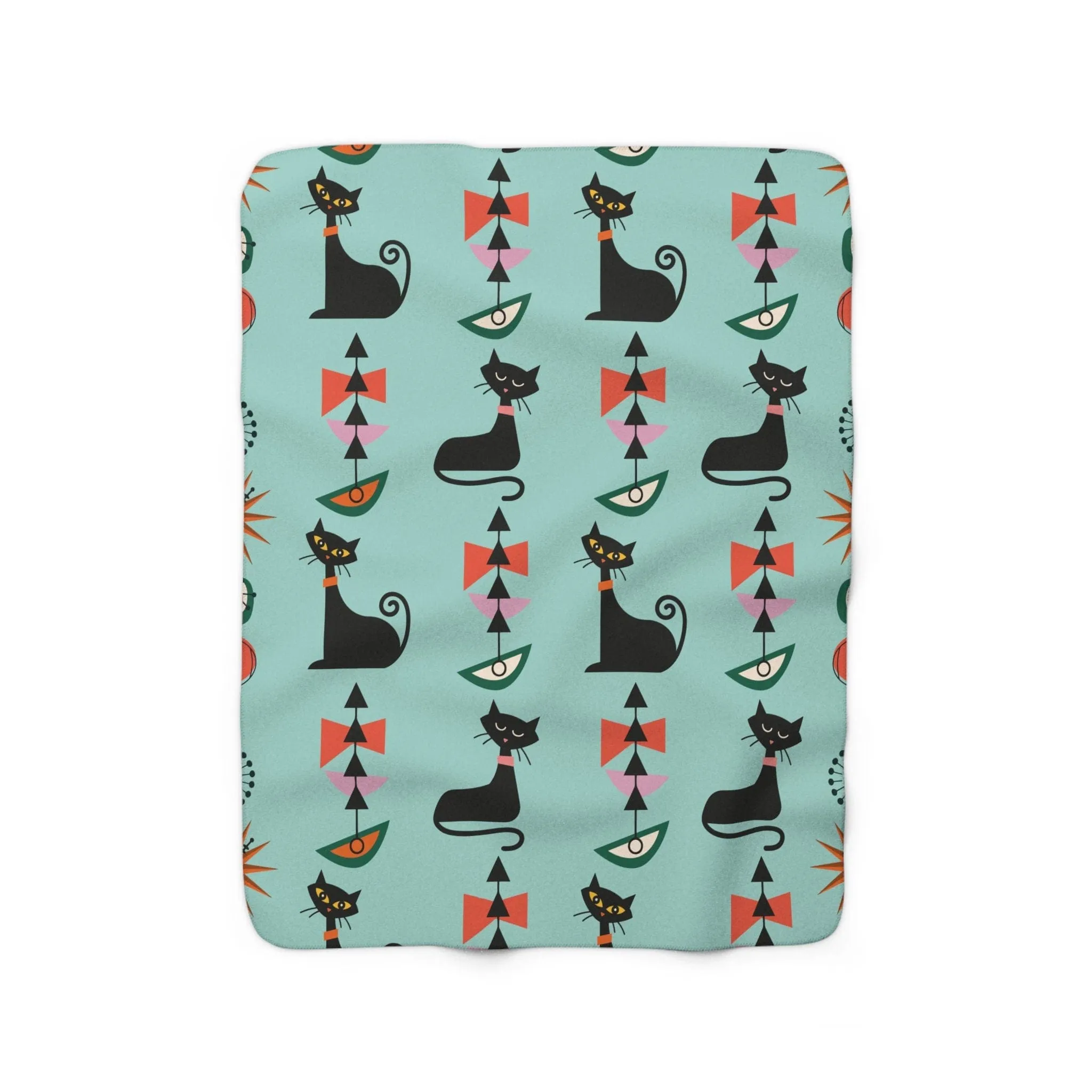 Retro Atomic Black Cat Geometric Aqua Blue Mid Century Modern Sherpa Fleece Throw Blanket