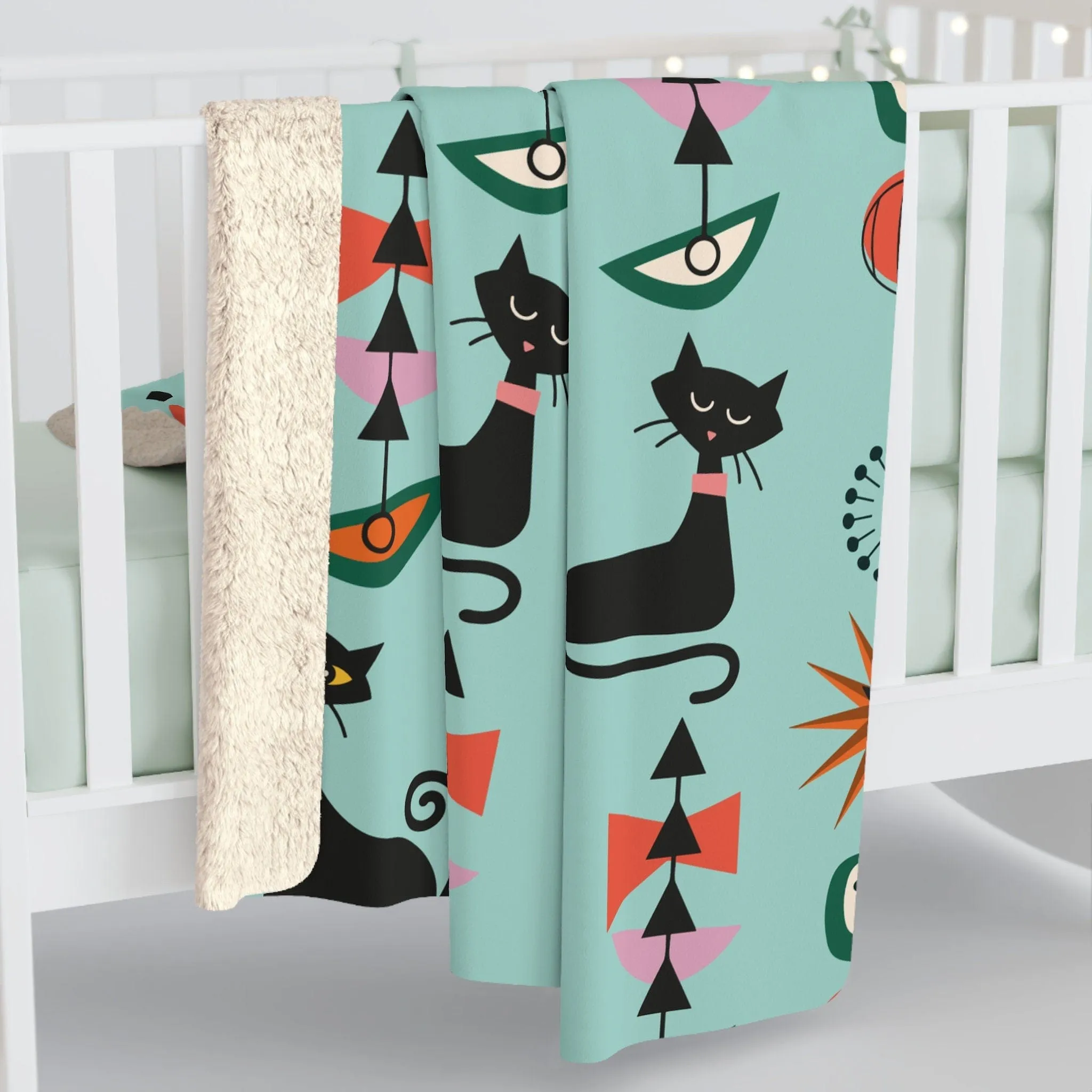 Retro Atomic Black Cat Geometric Aqua Blue Mid Century Modern Sherpa Fleece Throw Blanket