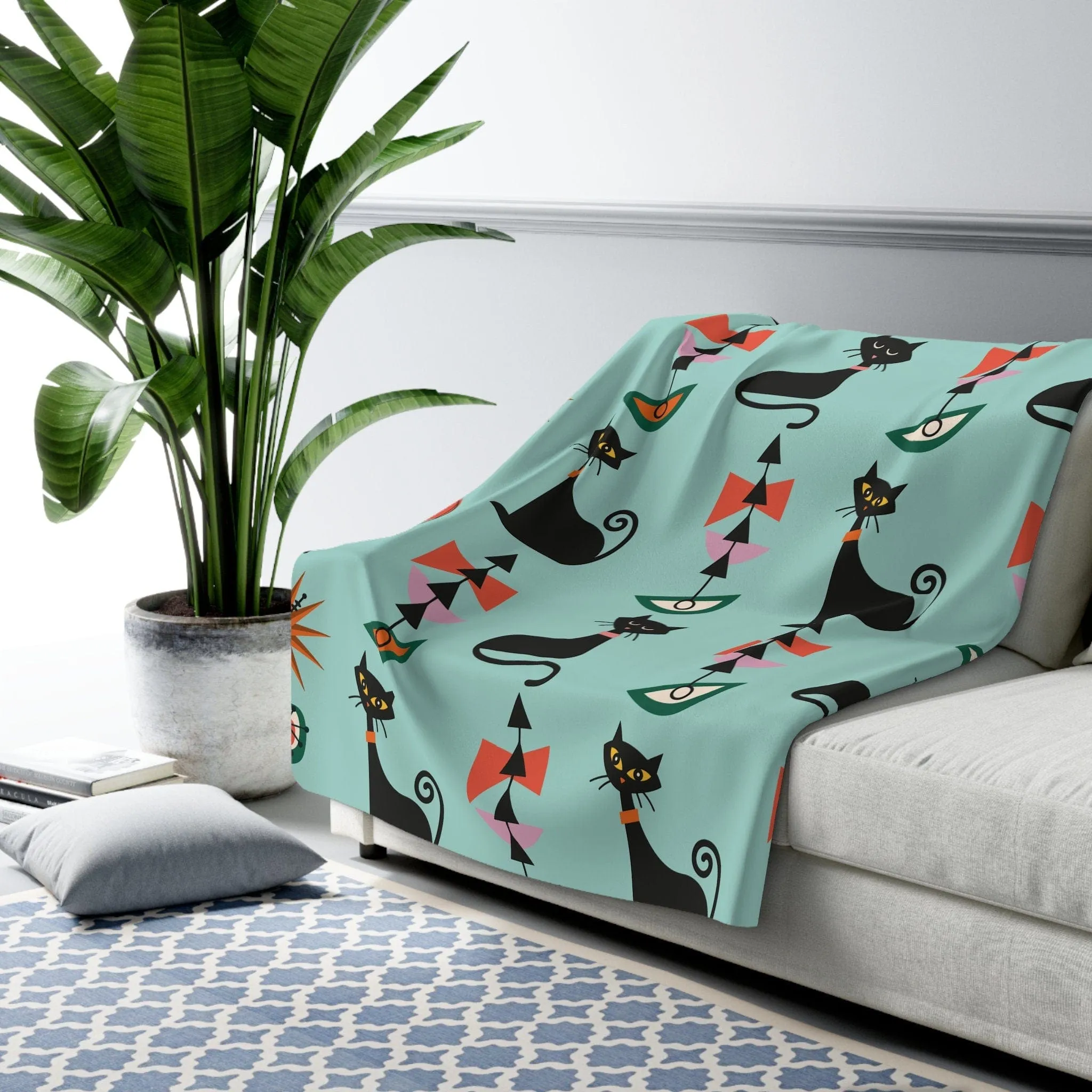 Retro Atomic Black Cat Geometric Aqua Blue Mid Century Modern Sherpa Fleece Throw Blanket