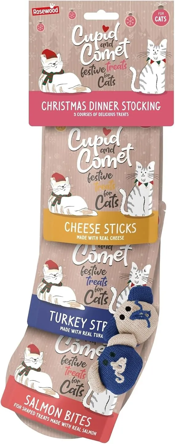 Rosewood Cupid & Comet Christmas Dinner Cat Stocking, Cat Treats & Catnip Mice Toys