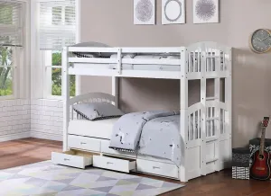White Bunk Bed w/ Pull-Out Trundle Bed and 3 Storage Drawers